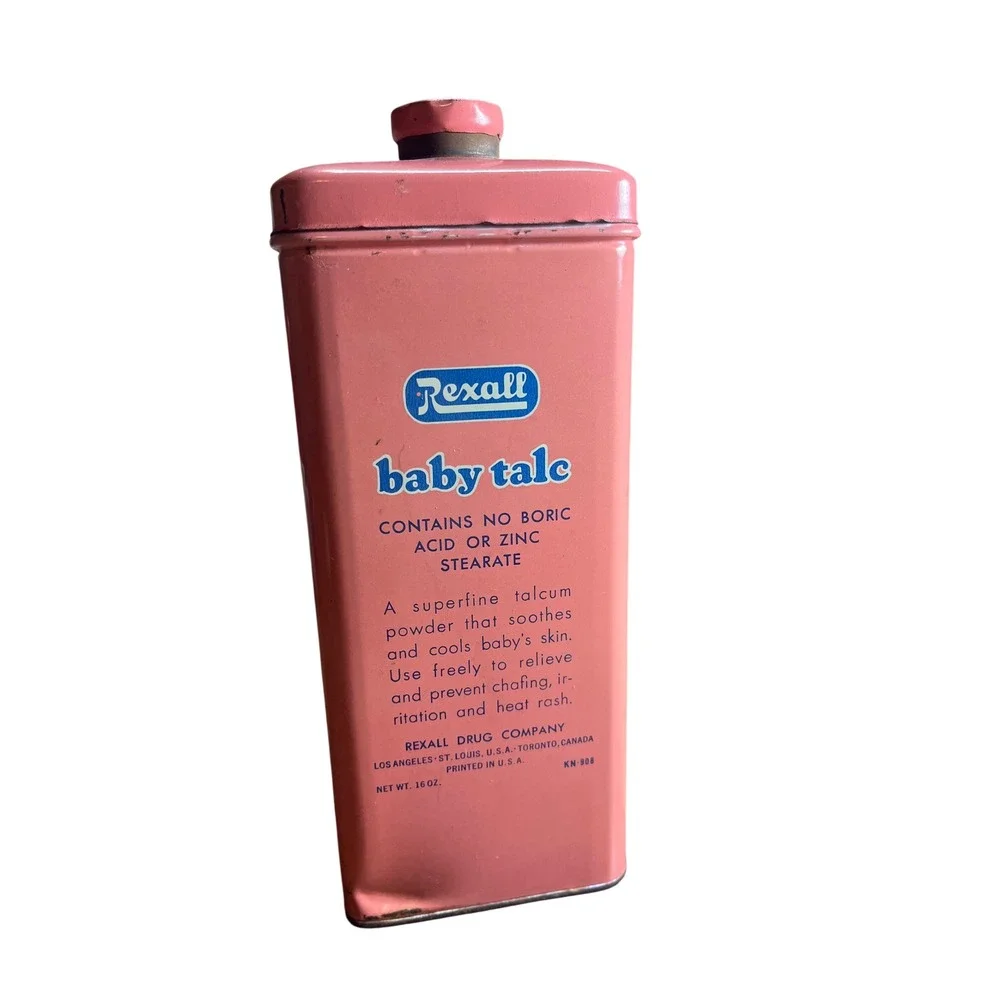 Vintage Rexall Baby Talc Tin Pink 16 oz Metal Shaker Canister Apothecary Prop